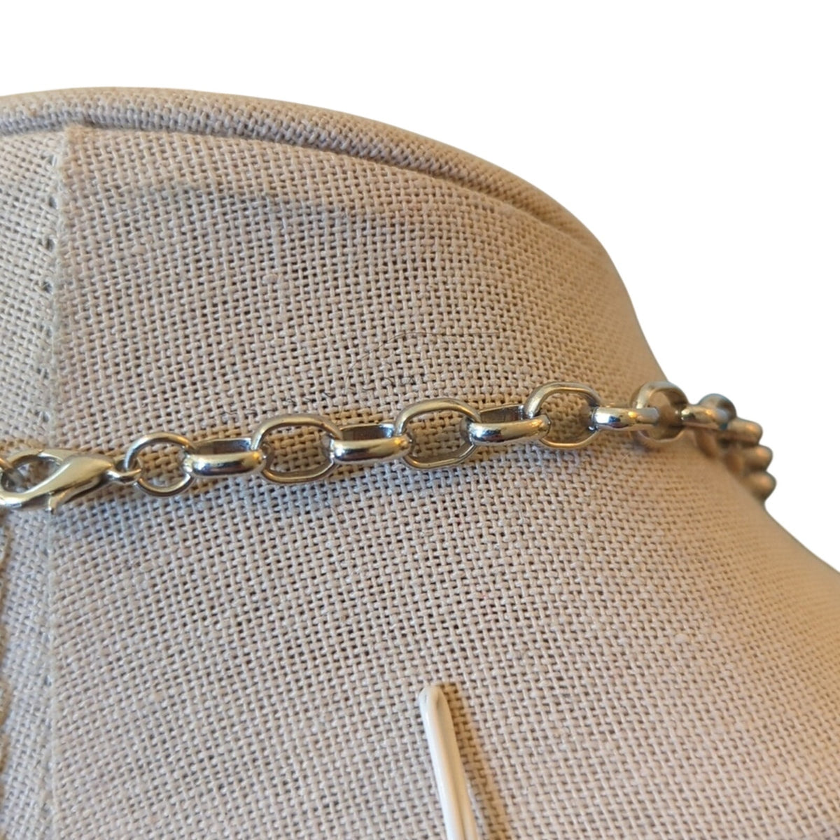 Silver Tone Rolo Chain Three Black Bead & Rhinestone Station Statement Necklace