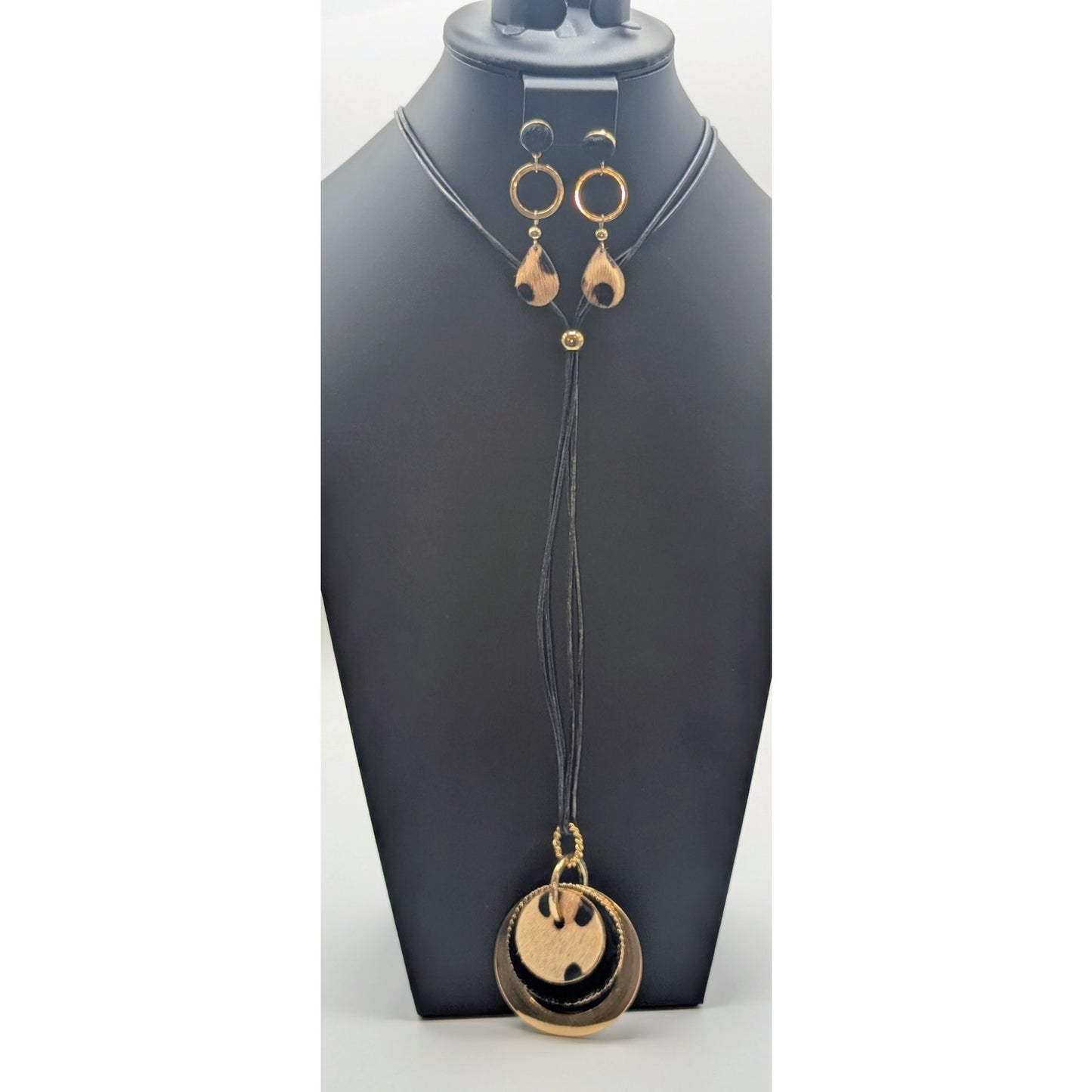 Chico's Black Adjustable Corded Gold Tone Animal Fur Pendant Necklace & Earrings