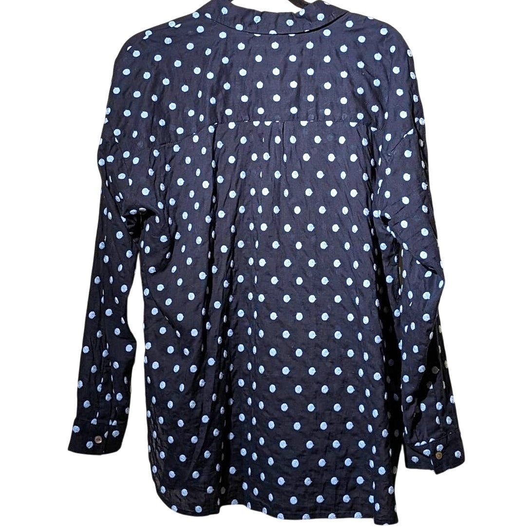 J Jill Navy Light Blue Embroidered Dot Oversized Button Up Blouse Womens Sz M