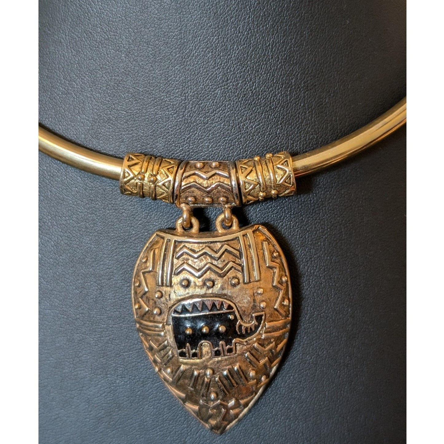 Gold Tone Indian Elephant Torque Pendant Collar Necklace