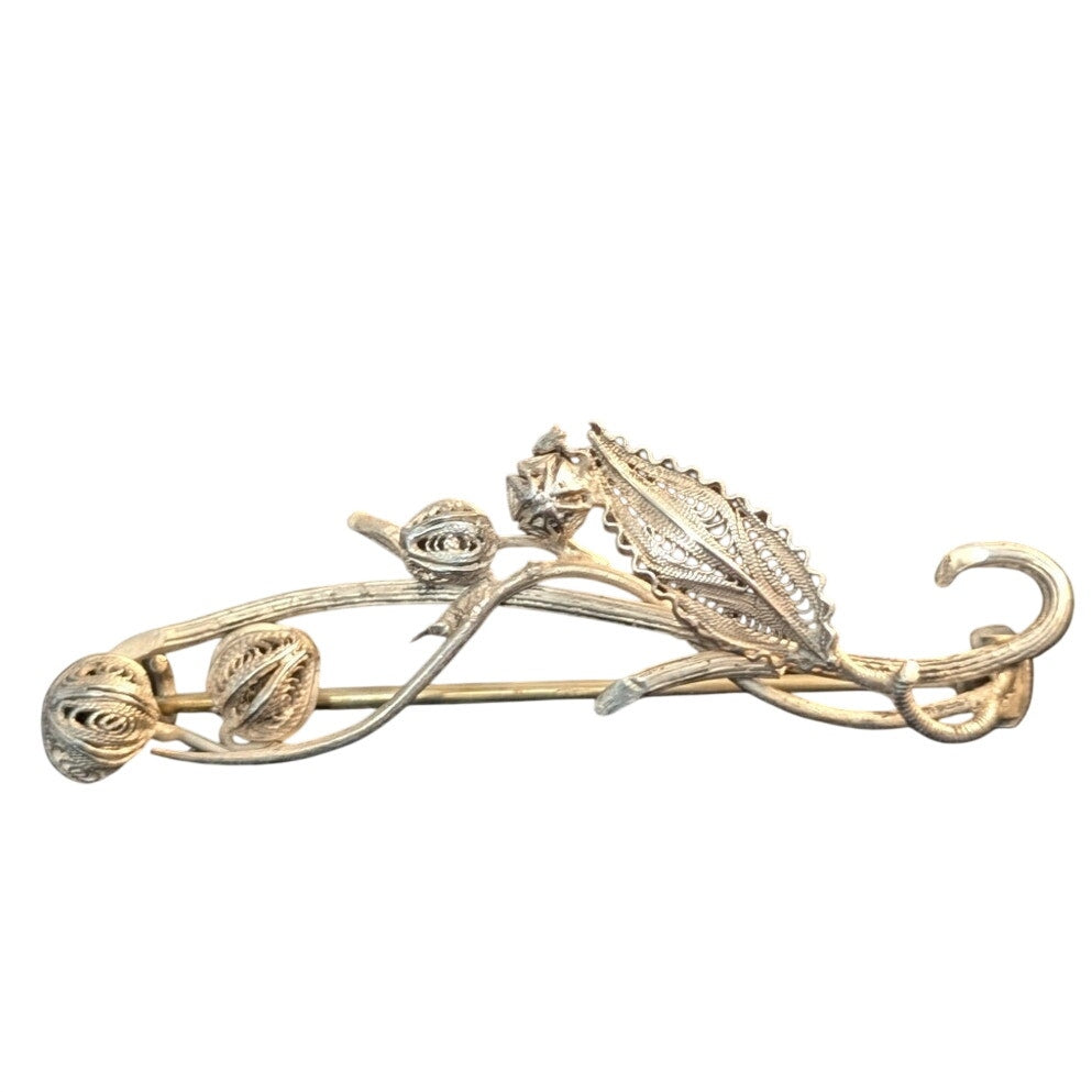 Antique HandMade Filigree 800 Silver Leaf & Flower Bud Hook Clasp Brooch