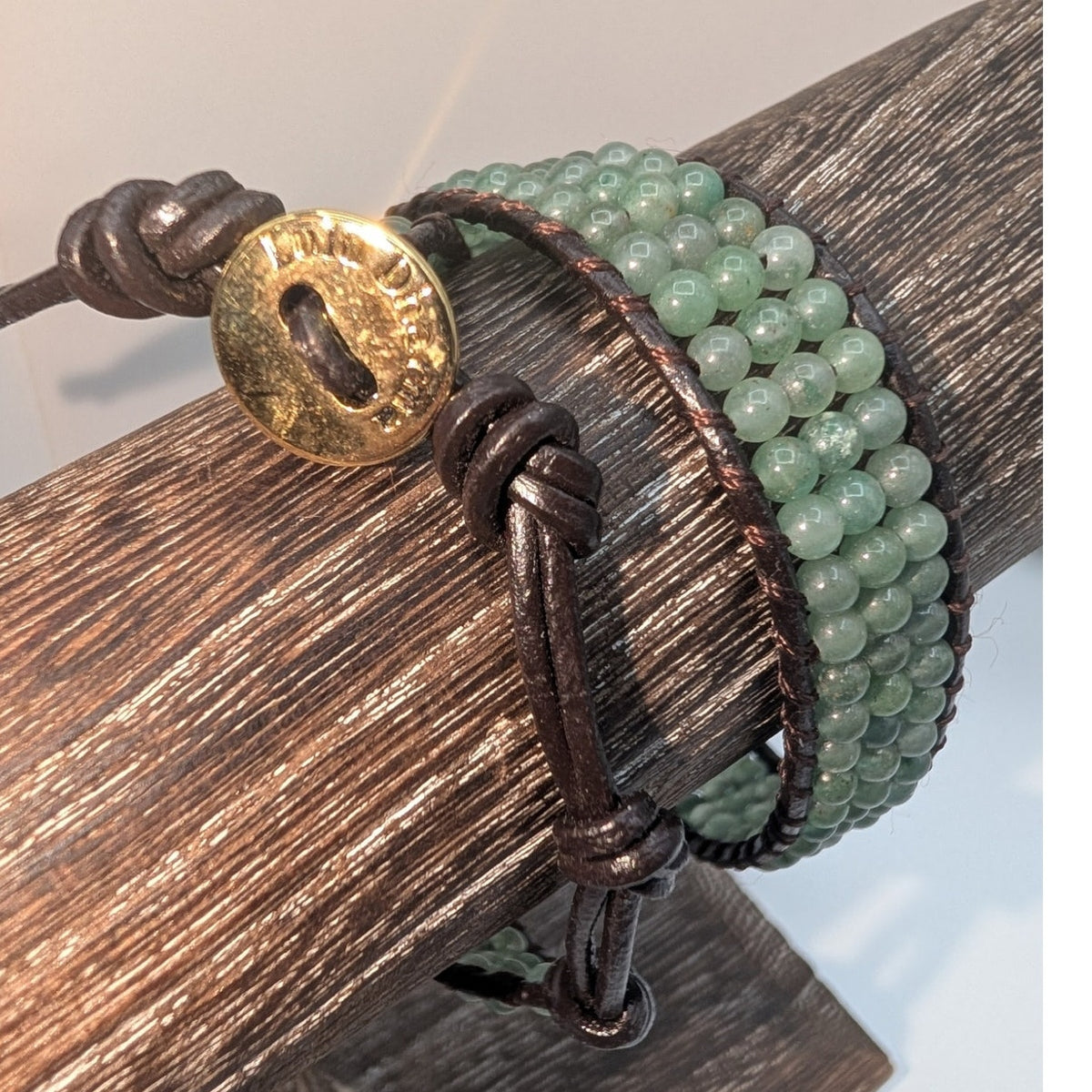 Lulu Dharma Three Row Green Semi-Precious Stone Bead Leather Wrap Bracelet