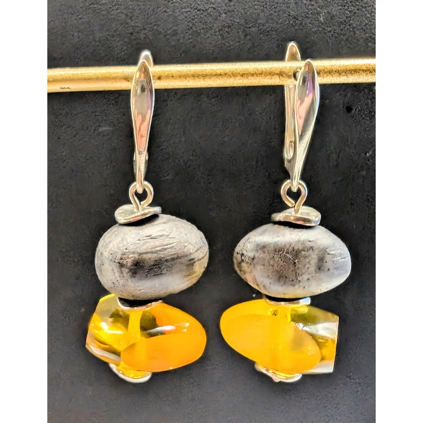 Silver Tone Gold Lucite Wood Bead Dangle Earrings