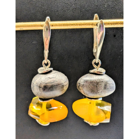 Silver Tone Gold Lucite Wood Bead Dangle Earrings