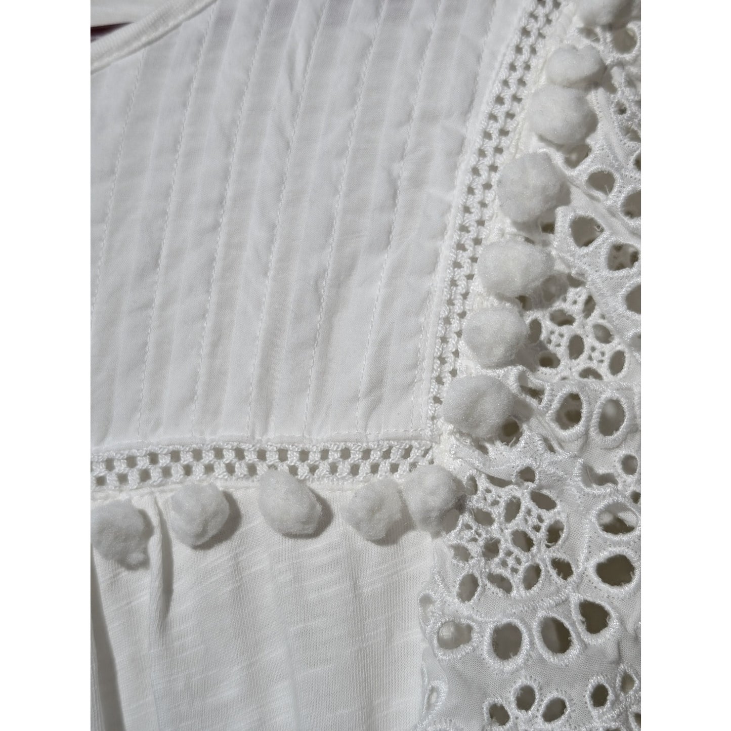 J. Crew White Flutter Eyelet Lace Pom Pom Knit Top Womens Size L