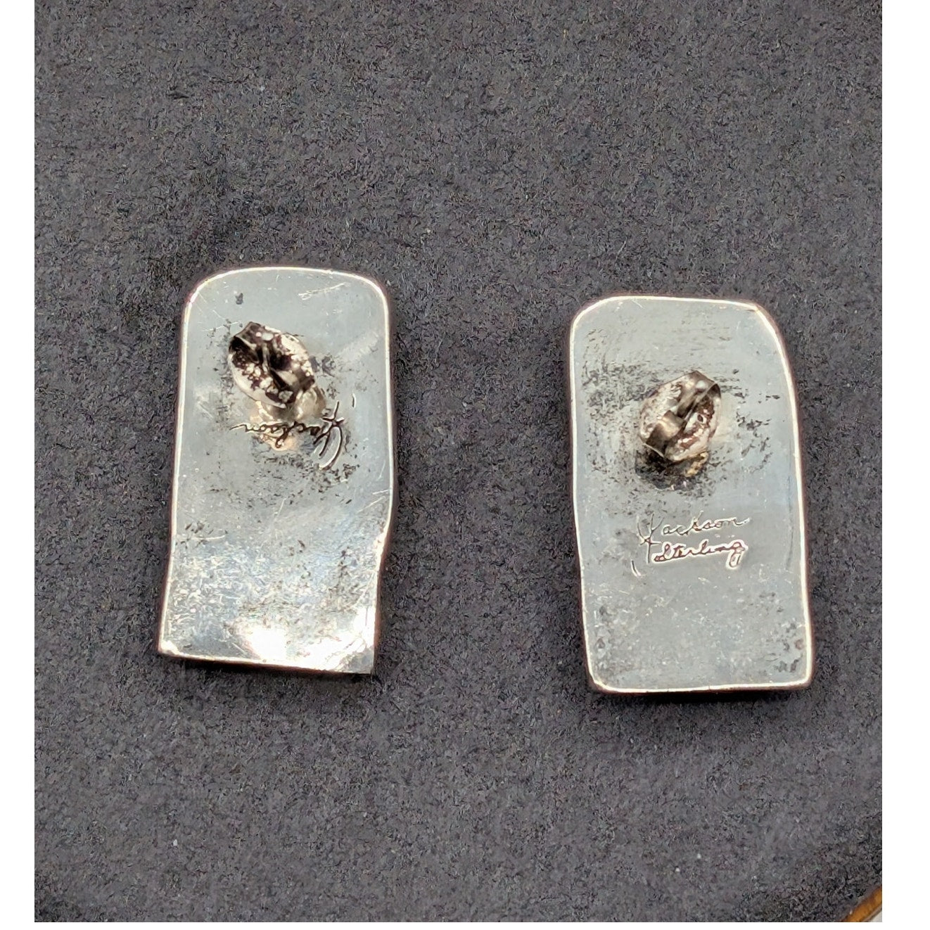 Vtg Hand-Signed Cursive 'Jackson Sterling' Silver Gemstone Inlay Post Earrings