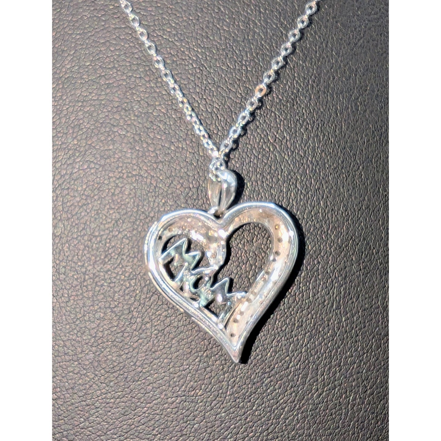 1/10 CT T.W. Diamond 'Mom' Heart 925 Sterling Silver Pendant 18" Chain Necklace