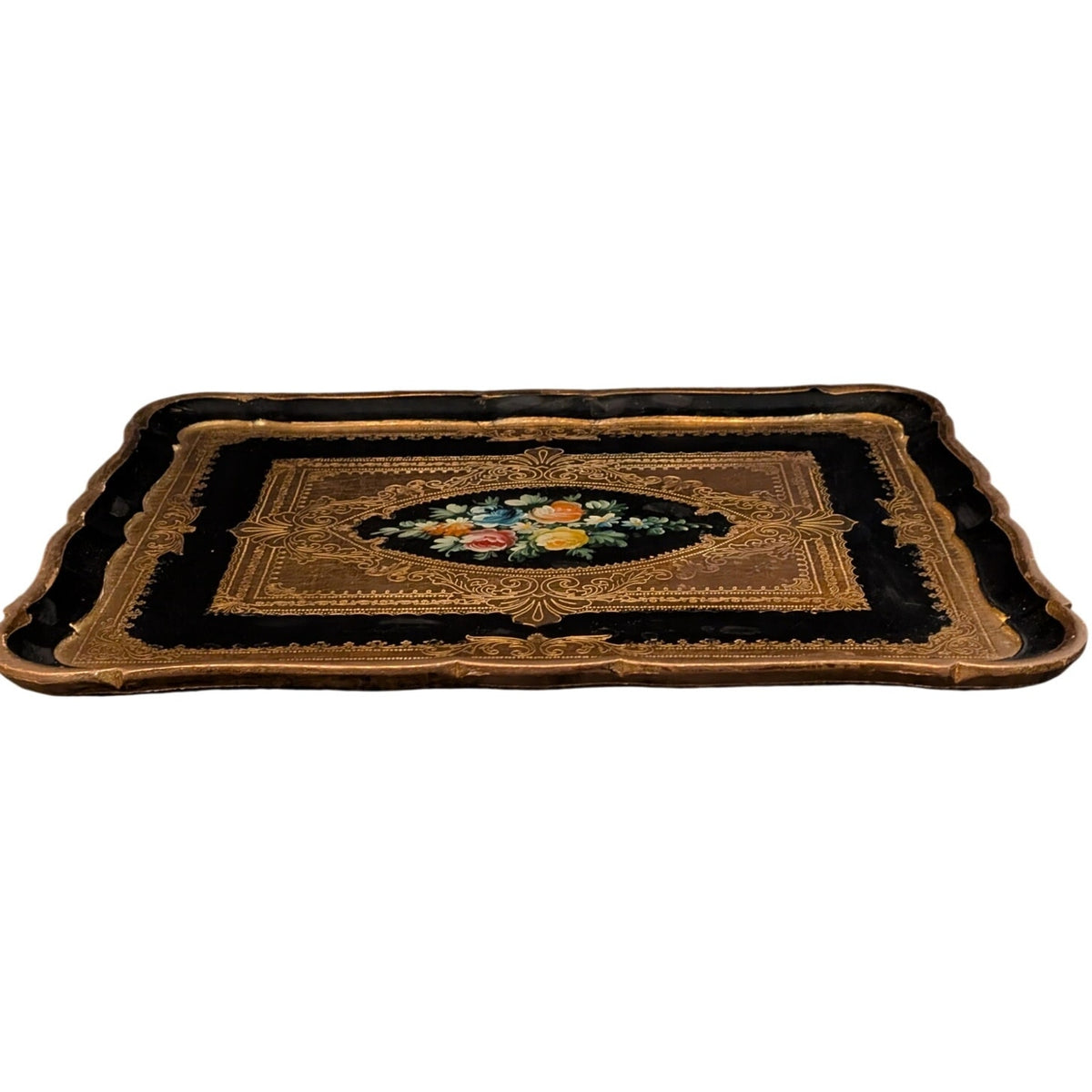 Vintage Italian Florentine Hand Painted Gold and Black Floral 18 X 15 Wood Tray