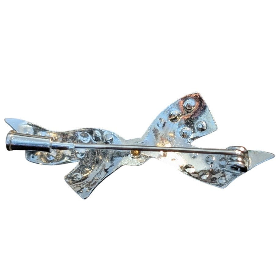 Vintage Silver Tone Rhinestone Bow Brooch