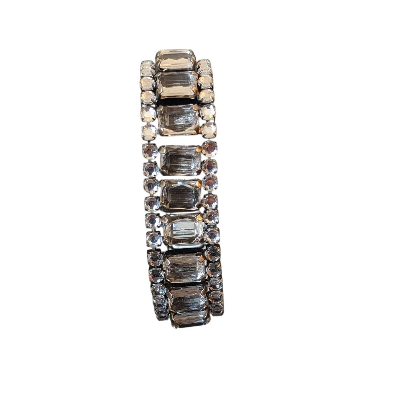 Vintage Three Row Round Cut & Emerald Cut Expandable Silver Tone Bracelet