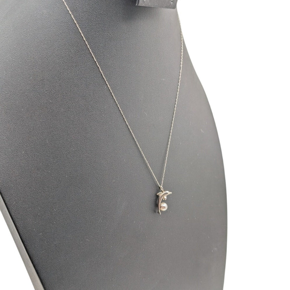 Vintage 925 Sterling Silver Dolphin Leaping Over Genuine Pearl Pendant Necklace