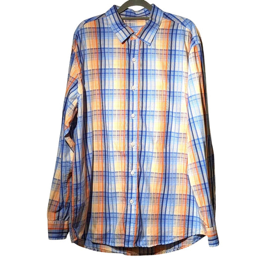 Tasso Elba Blue & Orange Plaid Button Up 100% Cotton Dress Shirt Mens Sz XL
