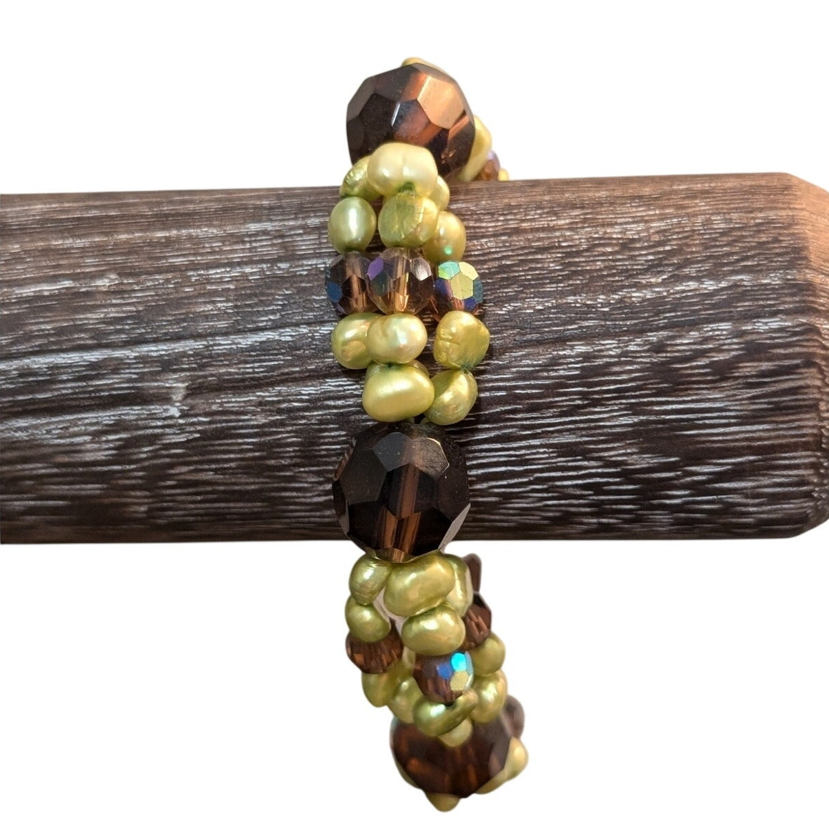 Dyed Green Freshwater Pearls Brown Crystal & AB Crystal Stretch Bracelet
