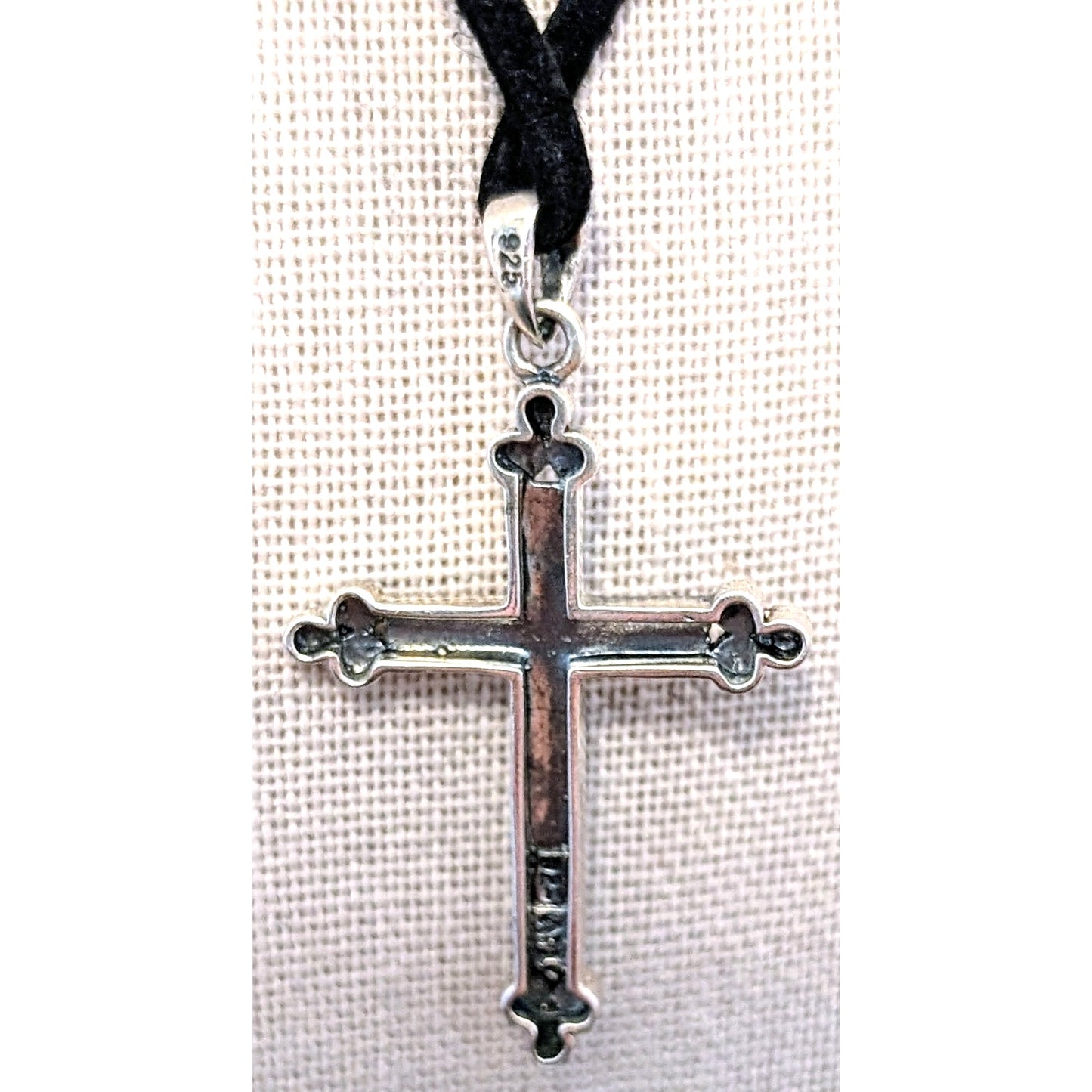 Vtg 925 Sterling Silver Marcasite Cross on Black Cord w/ 925 Lobster Claw Clasp