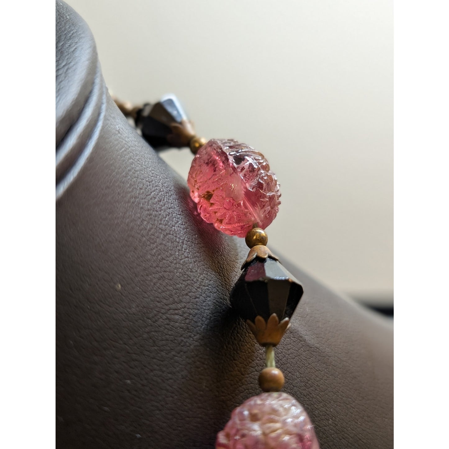 Antique Carved Strawberry Quartz Black Bi-Cone Brass Bead & Hook Clasp Necklace