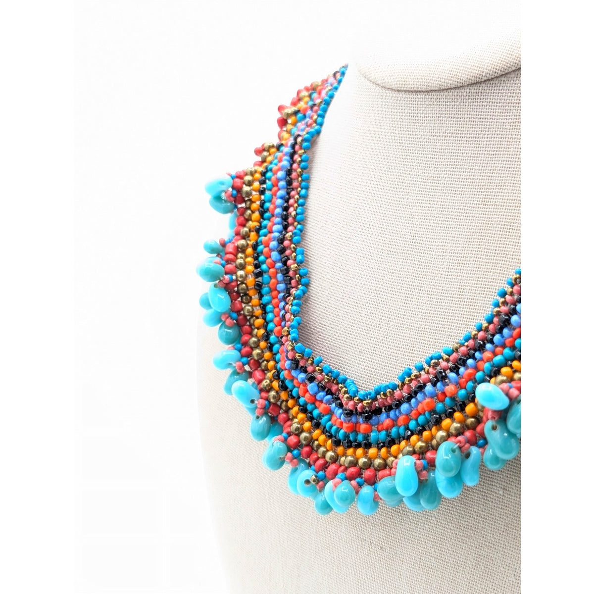 Multi-Color Woven Beaded Necklace W/ Turquoise Teardrop Dangle Bib Necklace