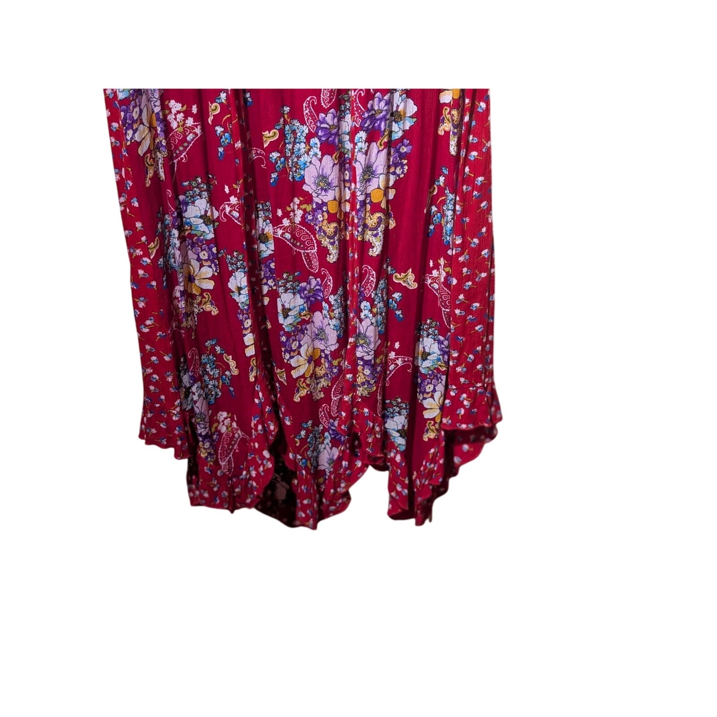 Bila Ruffled Smocked Boho Hippie Red Floral Maxi Dress Women's Size XL