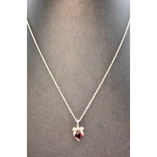 925 Sterling Silver Garnet Heart Bow Two Diamond Pendant 18.25" Necklace