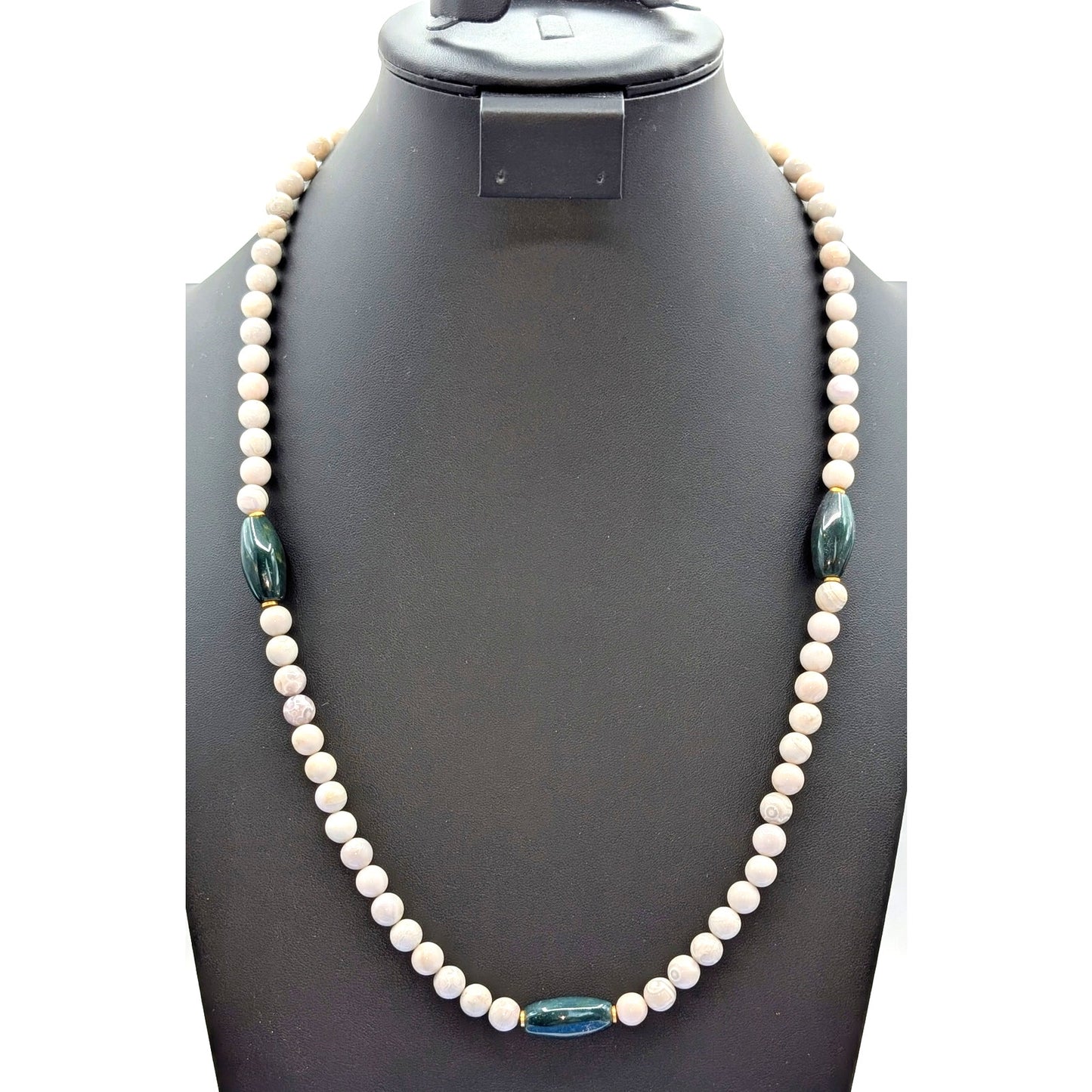 Vintage Jasper & Green Stone Beaded Patent Pending Gold Tone Clasp 26" Necklace