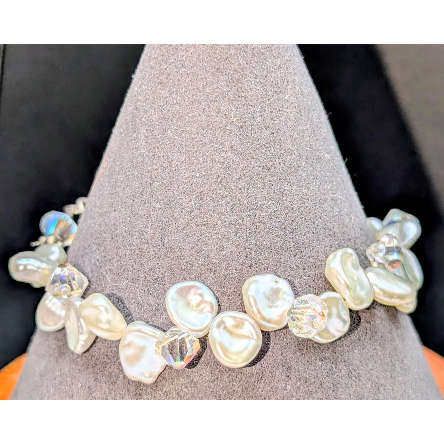 925 Sterling Silver Genuine Pearl Austrian AB Crystal W/ Dangles Bracelet