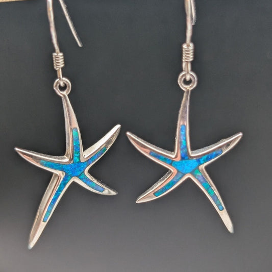 Vintage 925 Sterling Silver Opal Dancing Starfish Dangle Earrings