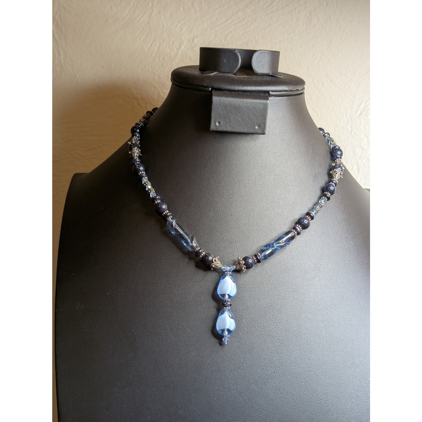 Blue Fused Glass Dangle Gold Stone Crystal Beaded 18" Necklace W/ Toggle Clasp