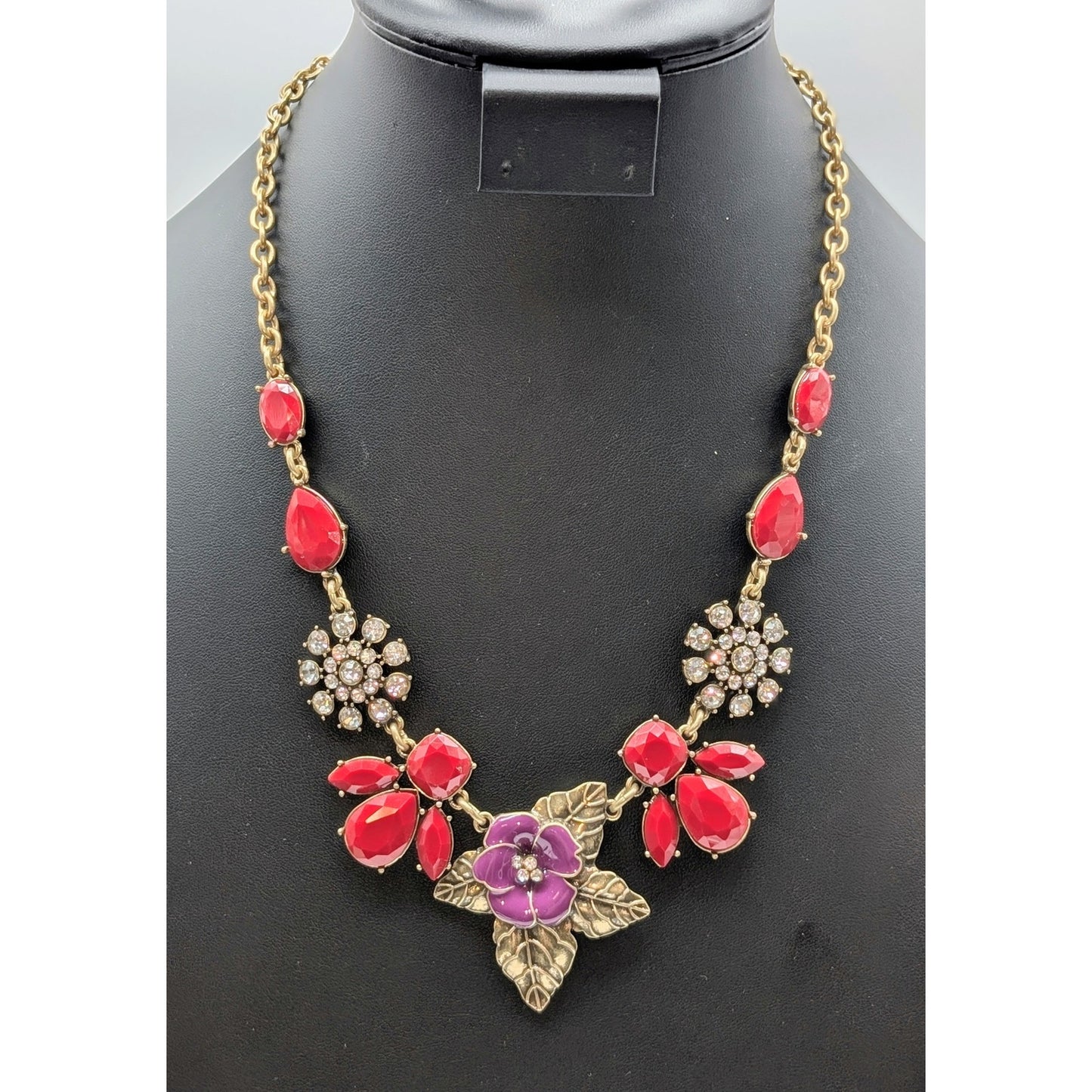 The Delta Box Red Bead Rhinestone Purple Enamel Flower Statement Necklace