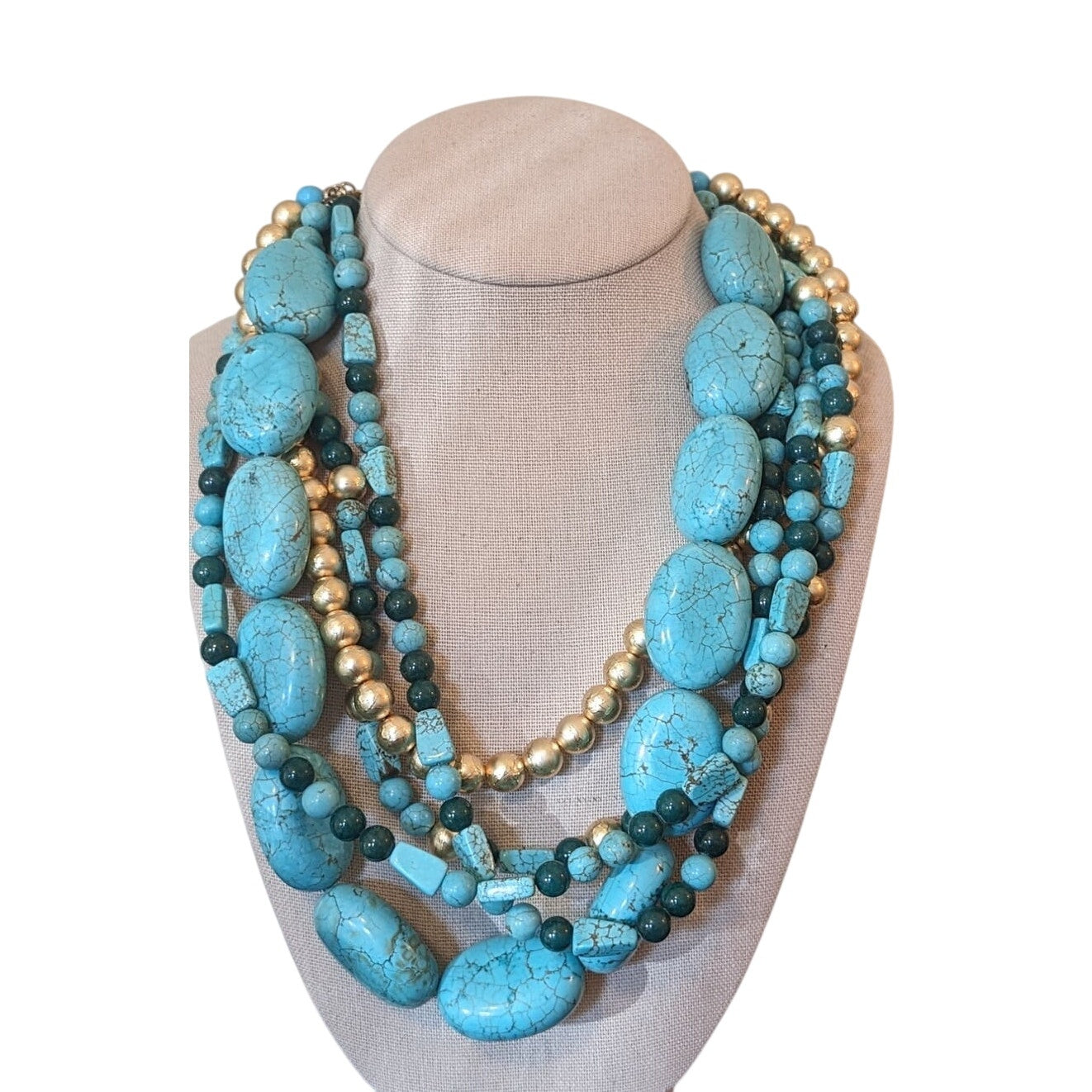 Chunky Blue Green Stone Gold Bead Multi-Strand Heavy Statement Necklace