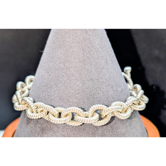 925 Sterling Silver Ribbed Chain Link Toggle Clasp Bracelet 38.31g