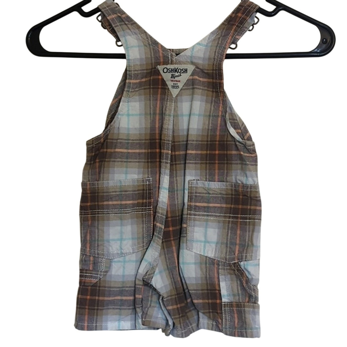 OshKosh B'Gosh Brown Plaid Bib Overall Vestbak Cotton Short Baby Size 12 Months