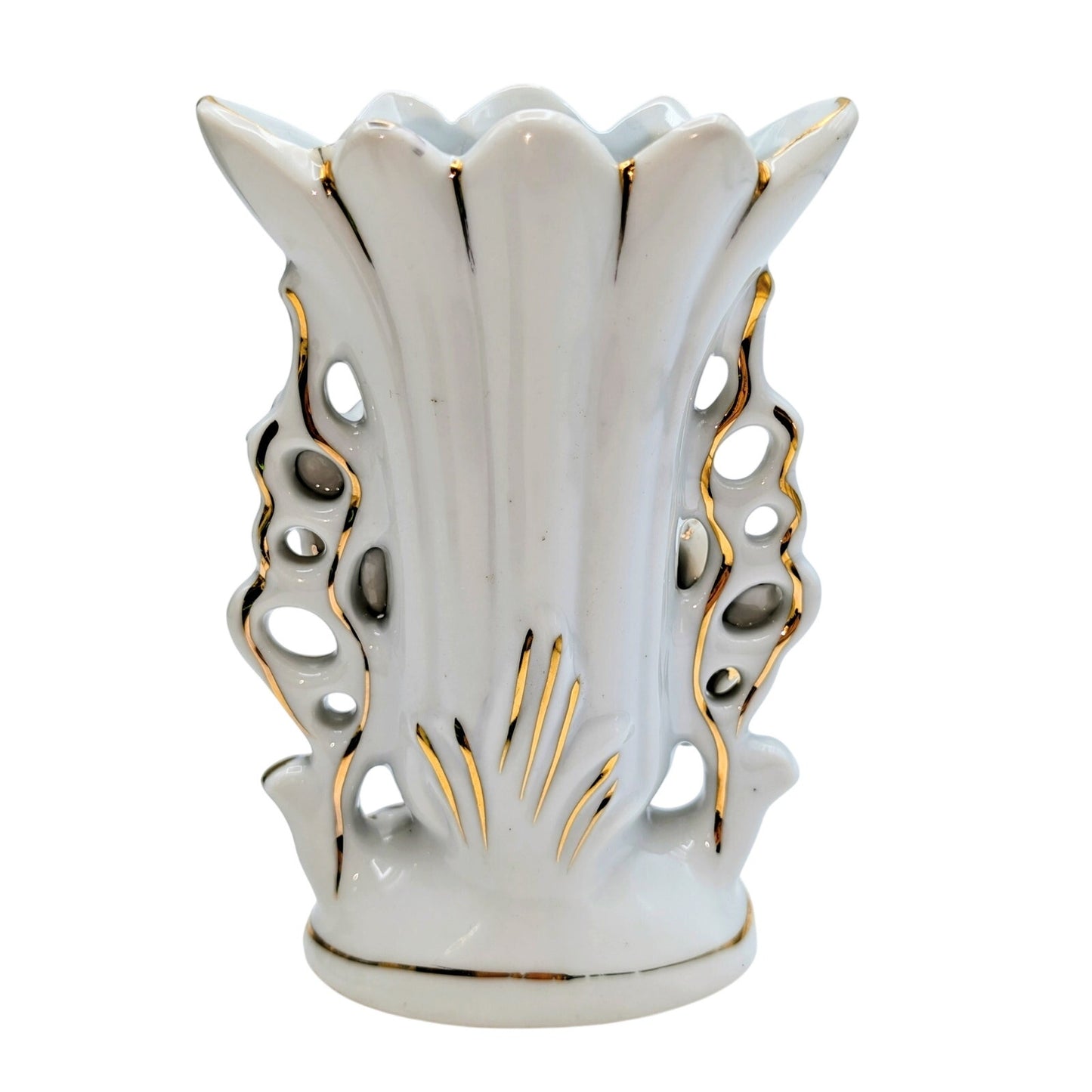 Vtg Vieux Paris Painted Gilded Edge Porcelain Rococo Style Fan Flair Bridal Vase