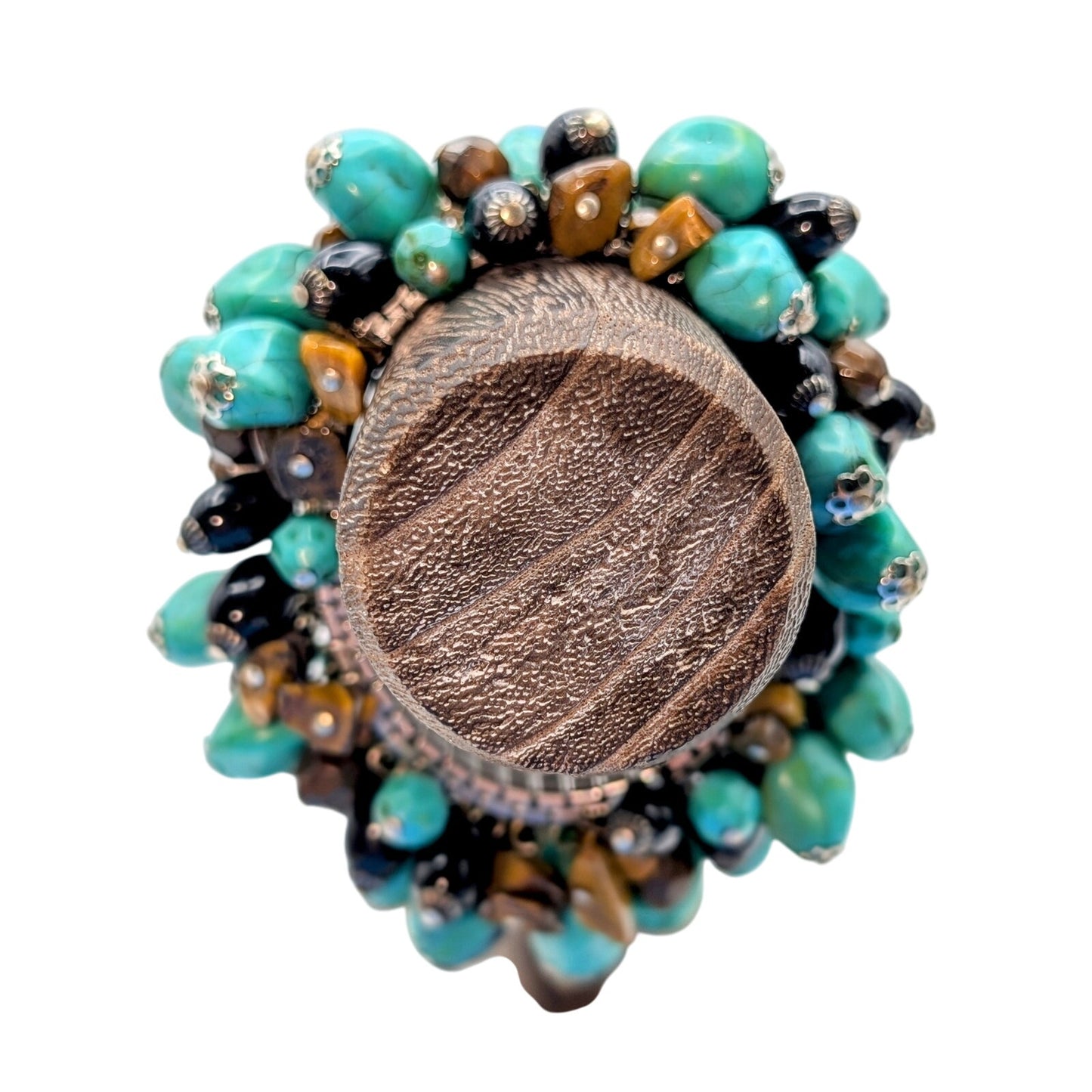 Turquoise & Black Acrylic Bead & Tiger's Eye Stone Chip Stretch Cha Cha Bracelet