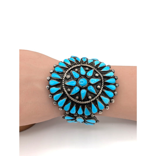 VTG Native ZUNI Sterling Silver TURQUOISE Flower Blossom Cuff Bracelet 92.34g