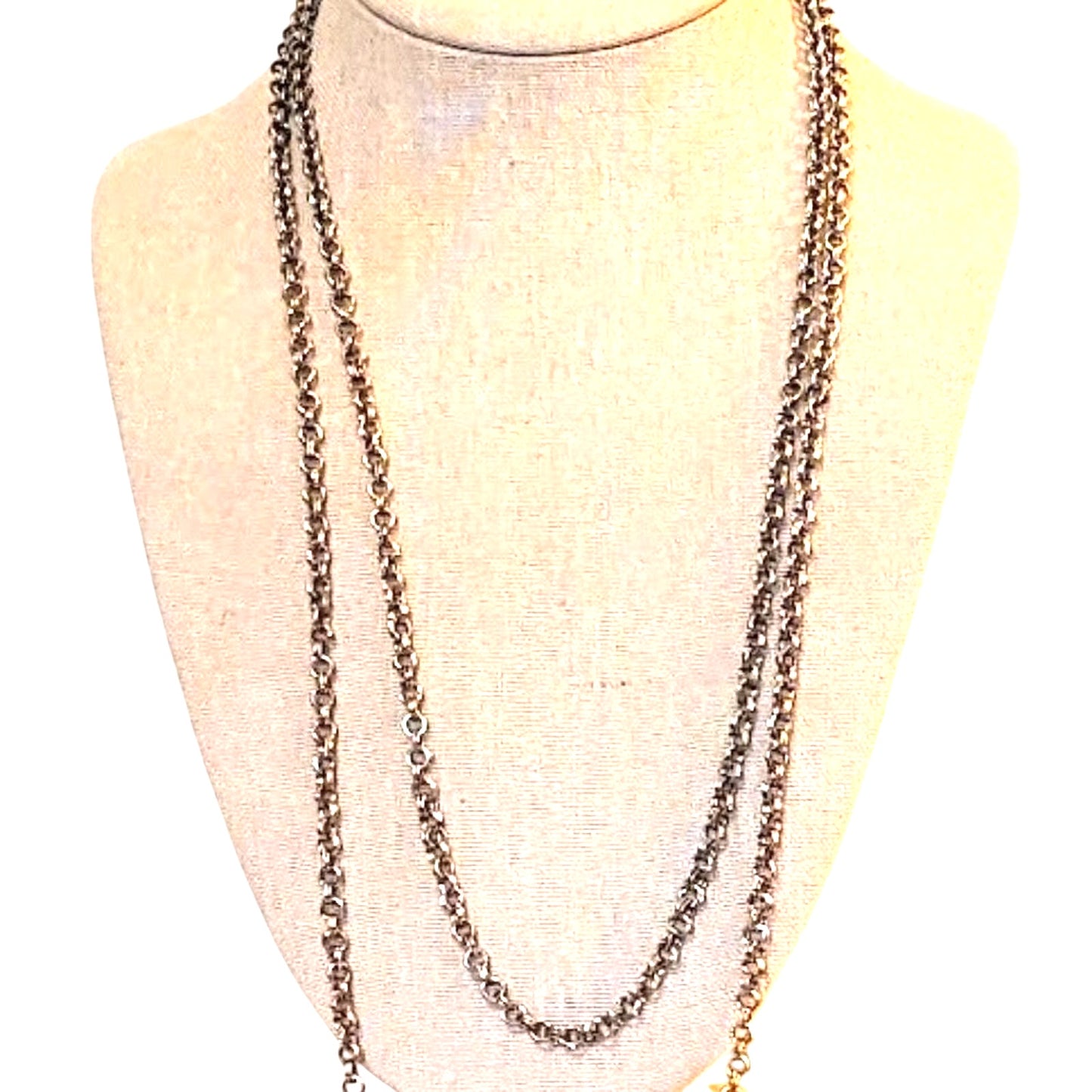 Vintage Long Etched Double Rolo Chain Silver Tone 54" Necklace
