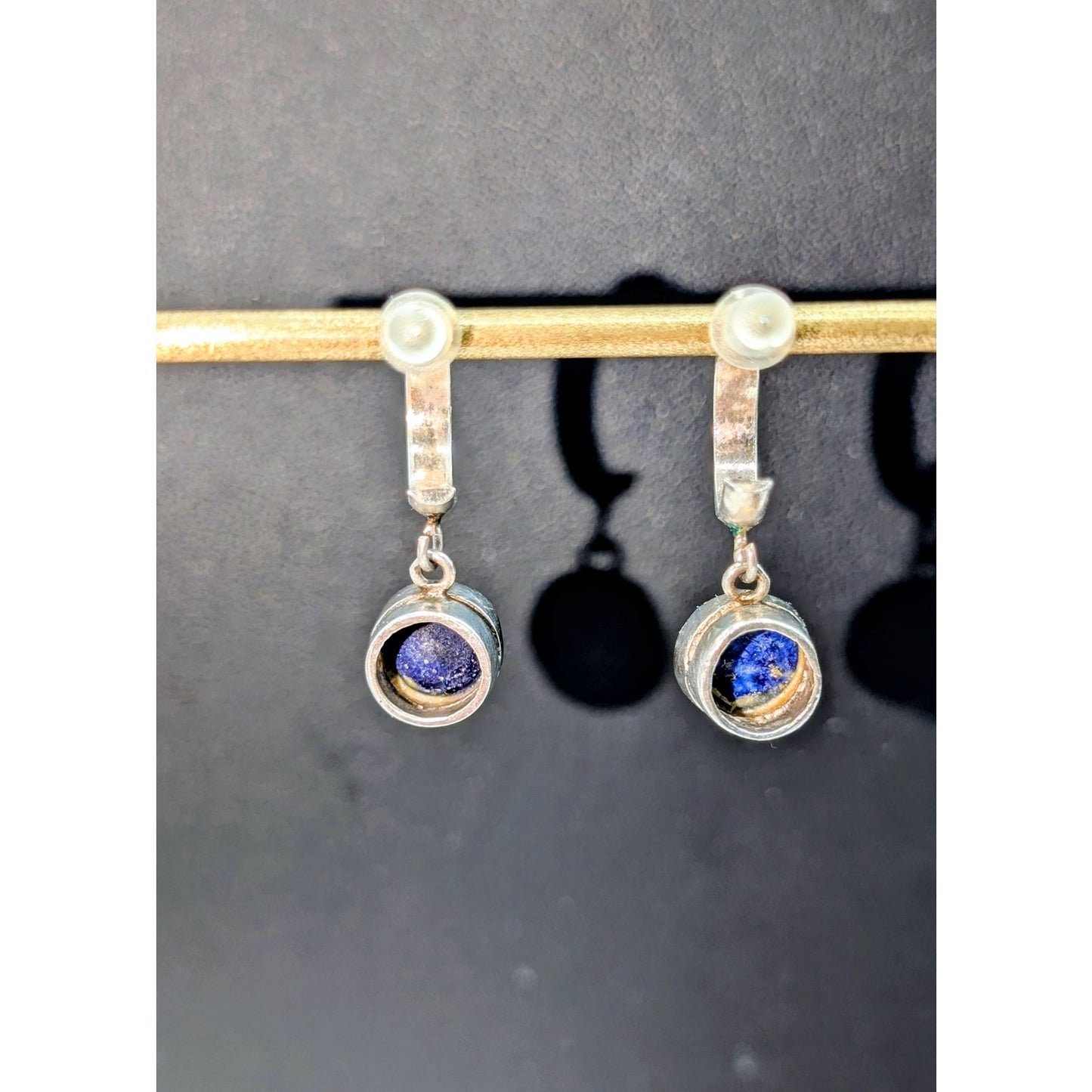Vintage 925 Sterling Silver Lapis Lazuli Dangle Half Hoop Post Earrings