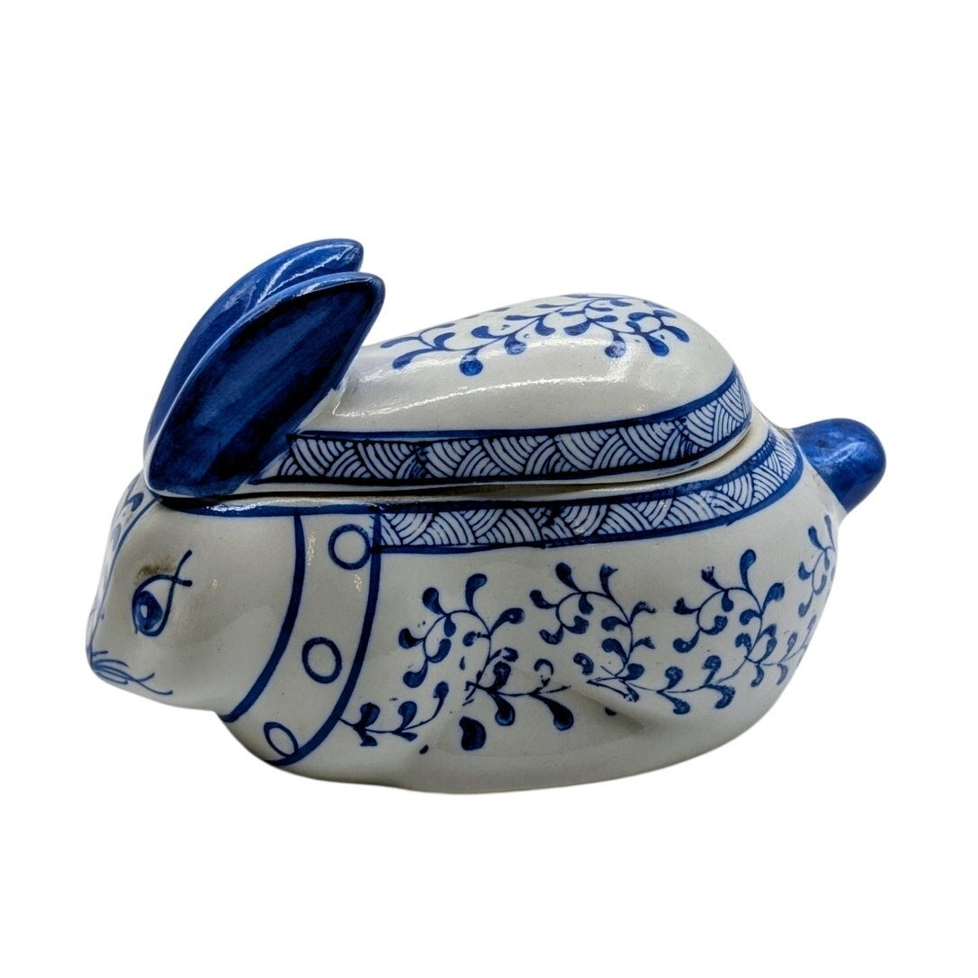 Vintage Blue White Lidded Bunny Trinket Box