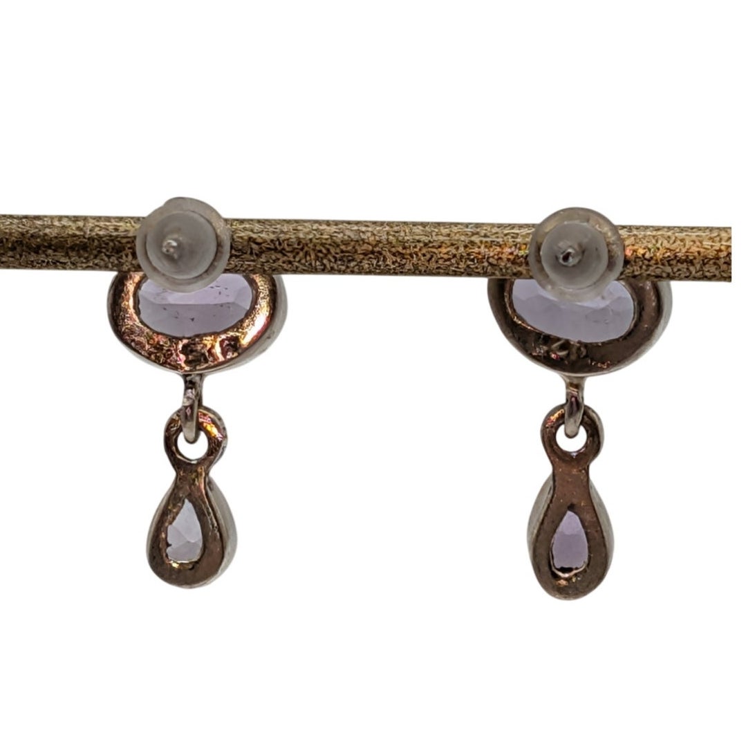 Vintage Marked 925 Sterling Bezel Set Amethyst Dangle Drop Pierced Earrings