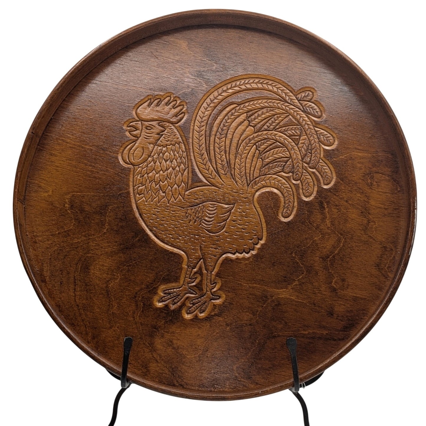 Vintage Carved Rooster Serving or Hanging 14.5" Round Tray W/ Sides