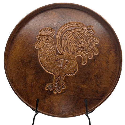 Vintage Carved Rooster Serving or Hanging 14.5" Round Tray W/ Sides