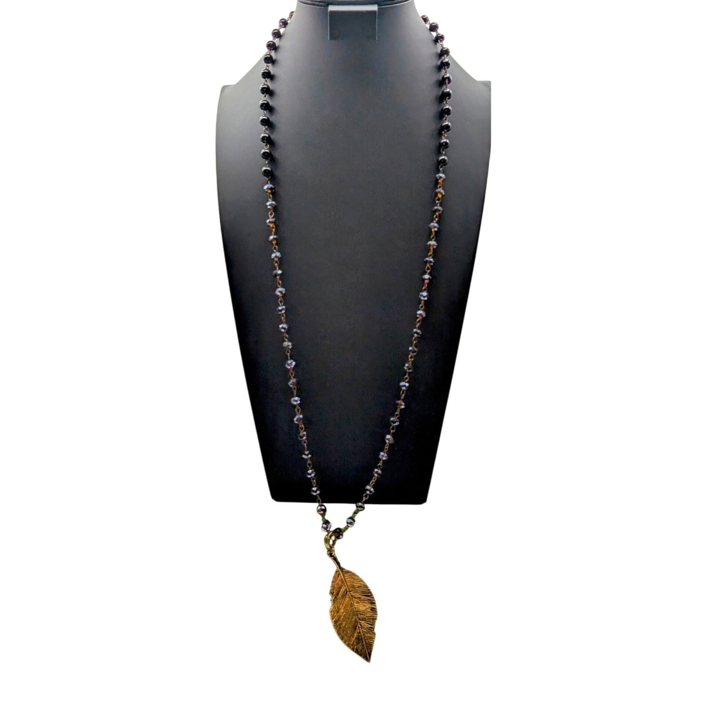 Antiqued Brown Crystal Glass Bead Rosary Chain Bronze Leaf Pendant 36" Necklace