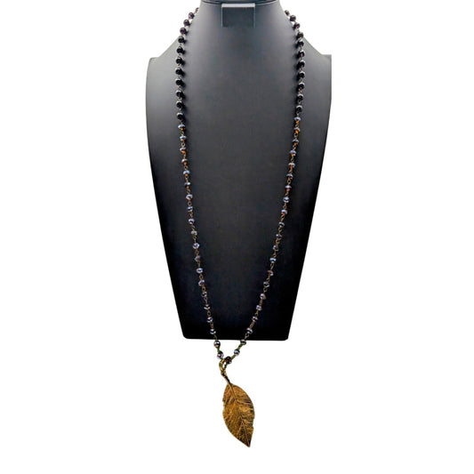 Antiqued Brown Crystal Glass Bead Rosary Chain Bronze Leaf Pendant 36" Necklace