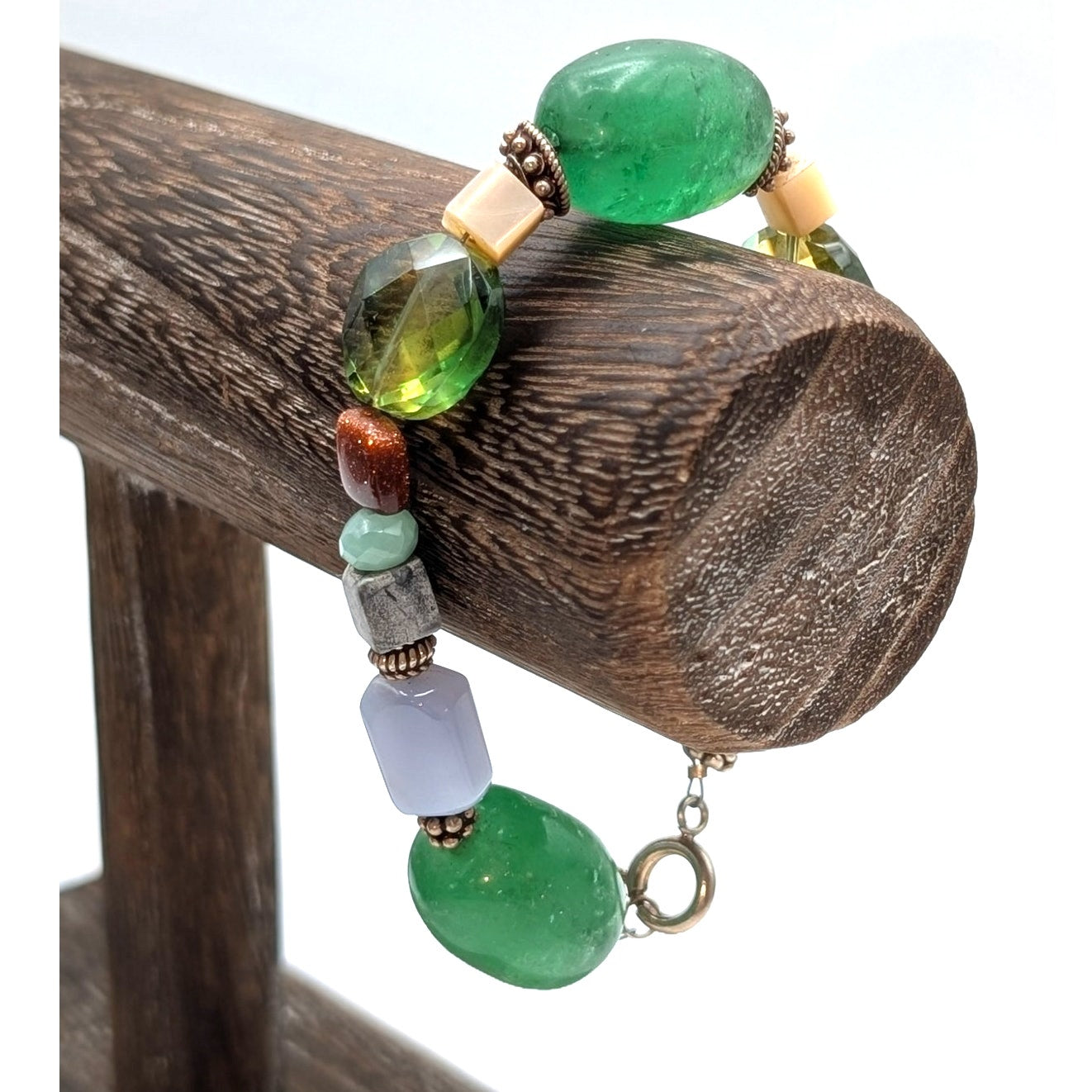 Vintage Green Glass & Crystal Agate Goldstone MOP Bead Silver Tone Bracelet