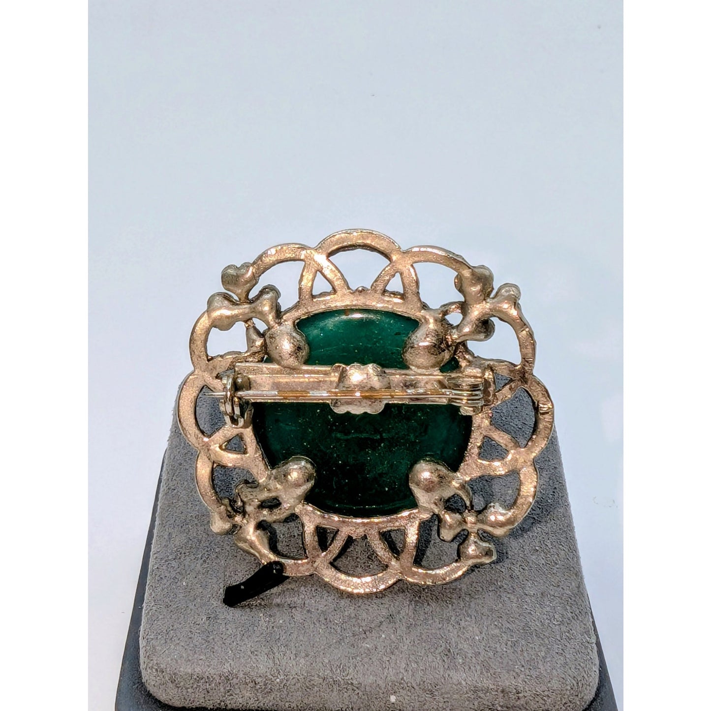 Vintage Green Glass Shamrock Silver Tone Brooch