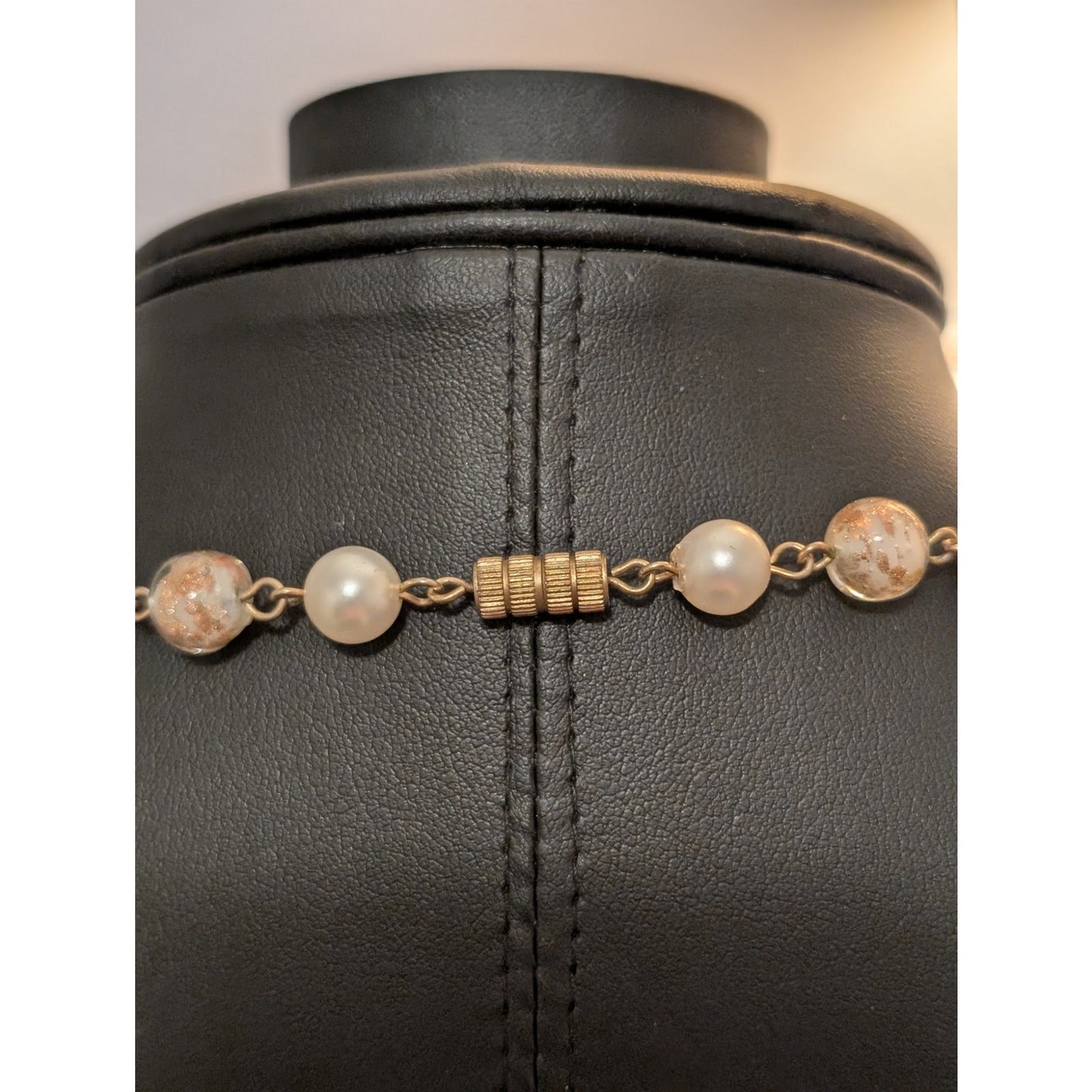 Vintage Venetian Glass Faux Pearl Beaded Chain Necklace W/ Barrel Clasp