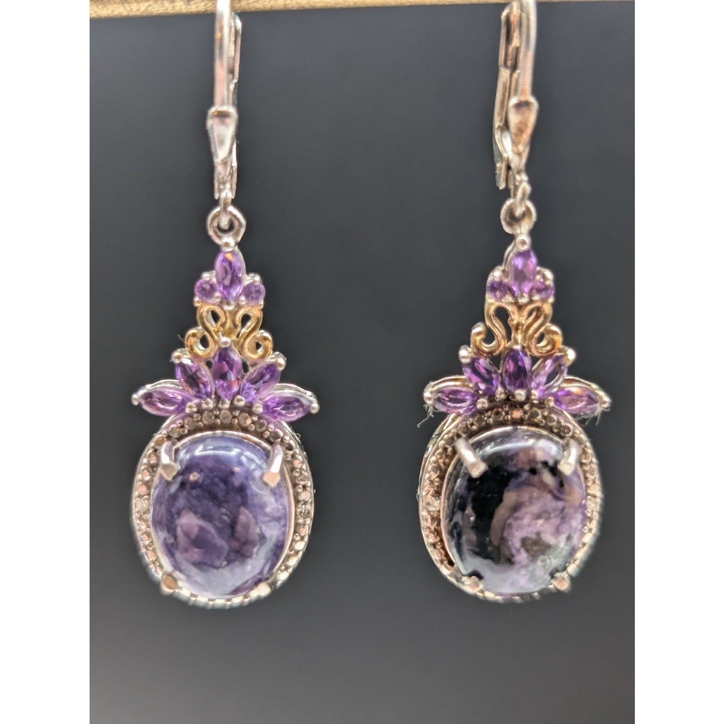 STS Sterling Amethyst/Purple Sodalite Dangle Lever-Back 1.5" Earrings 7.04g
