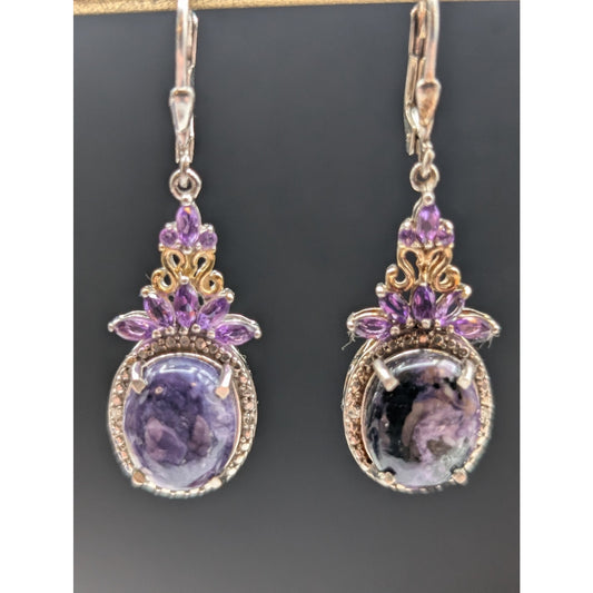 STS Sterling Amethyst/Purple Sodalite Dangle Lever-Back 1.5" Earrings 7.04g