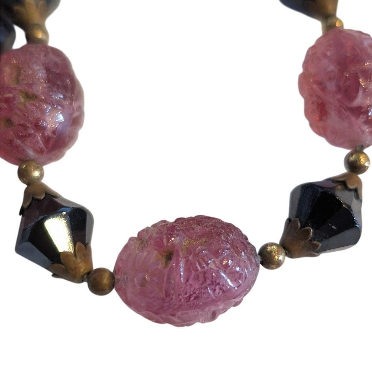 Antique Carved Strawberry Quartz Black Bi-Cone Brass Bead & Hook Clasp Necklace