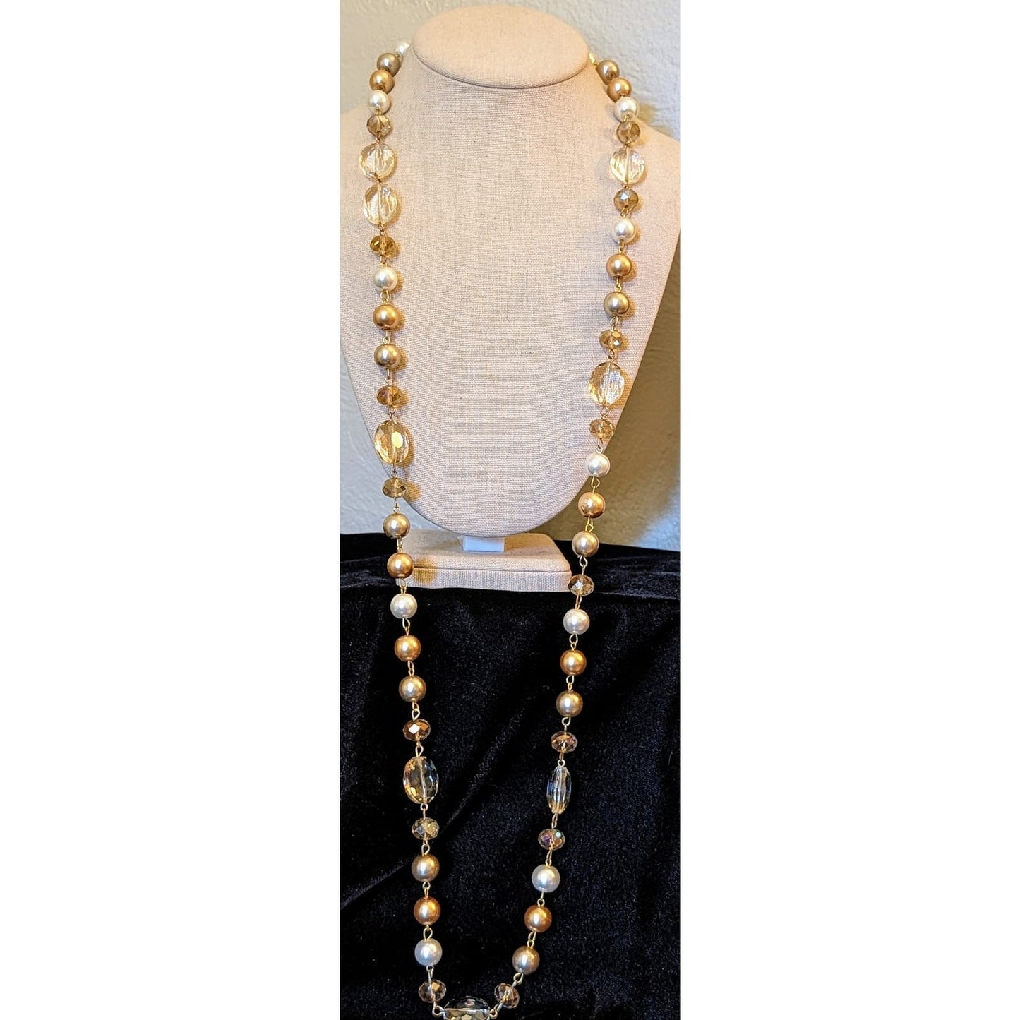 Gold Champagne Cream Pearl Crystal Bead Long 43" Necklace
