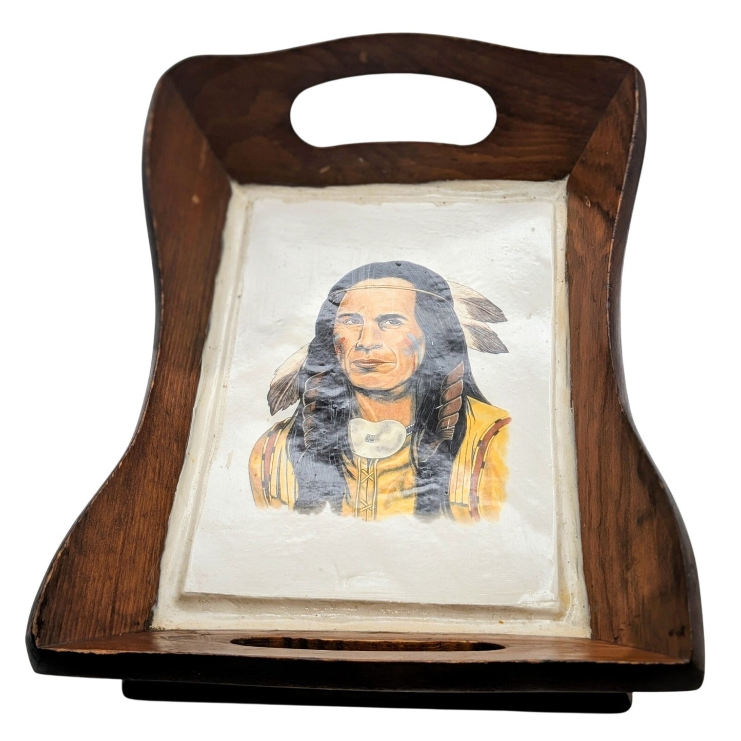 Vintage Painted Indian Ceramic Tile Wood Handled Tray