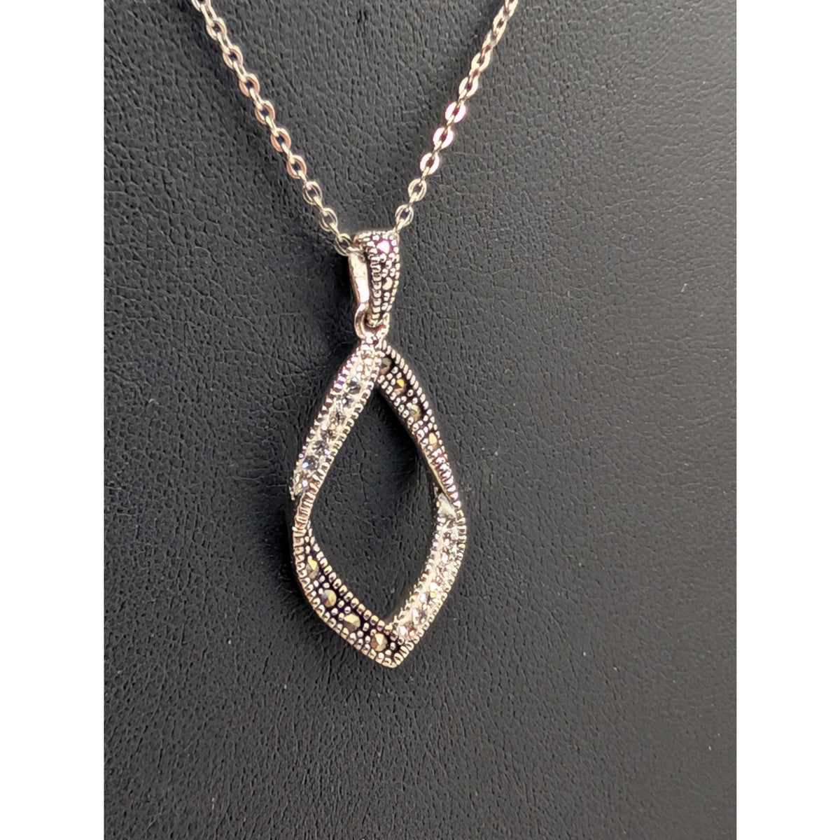 Twisted Marcasite Crystal Pendant on 925 Sterling Silver 17.5" Chain Necklace